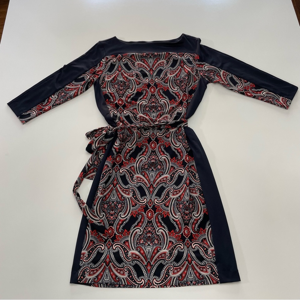 Ann Taylor Navy Paisley 3/4 Sleeve Boatneck Dress Women S Office Funeral Wedding